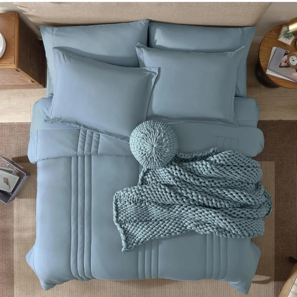 Monbix King Size Comforter Set - 7 Pieces Bed in a Bag, All Season- Dusty Blue